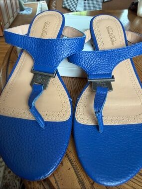 🔵BrooksBrothersGenuineLeatherPebeledRoyalBlueSandalVGConditionHallmarkBeautiful8